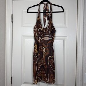 Princess Polly Chrissy Mini Dress Swirl Halter Retro Marble Lettuce Hem Lined 6